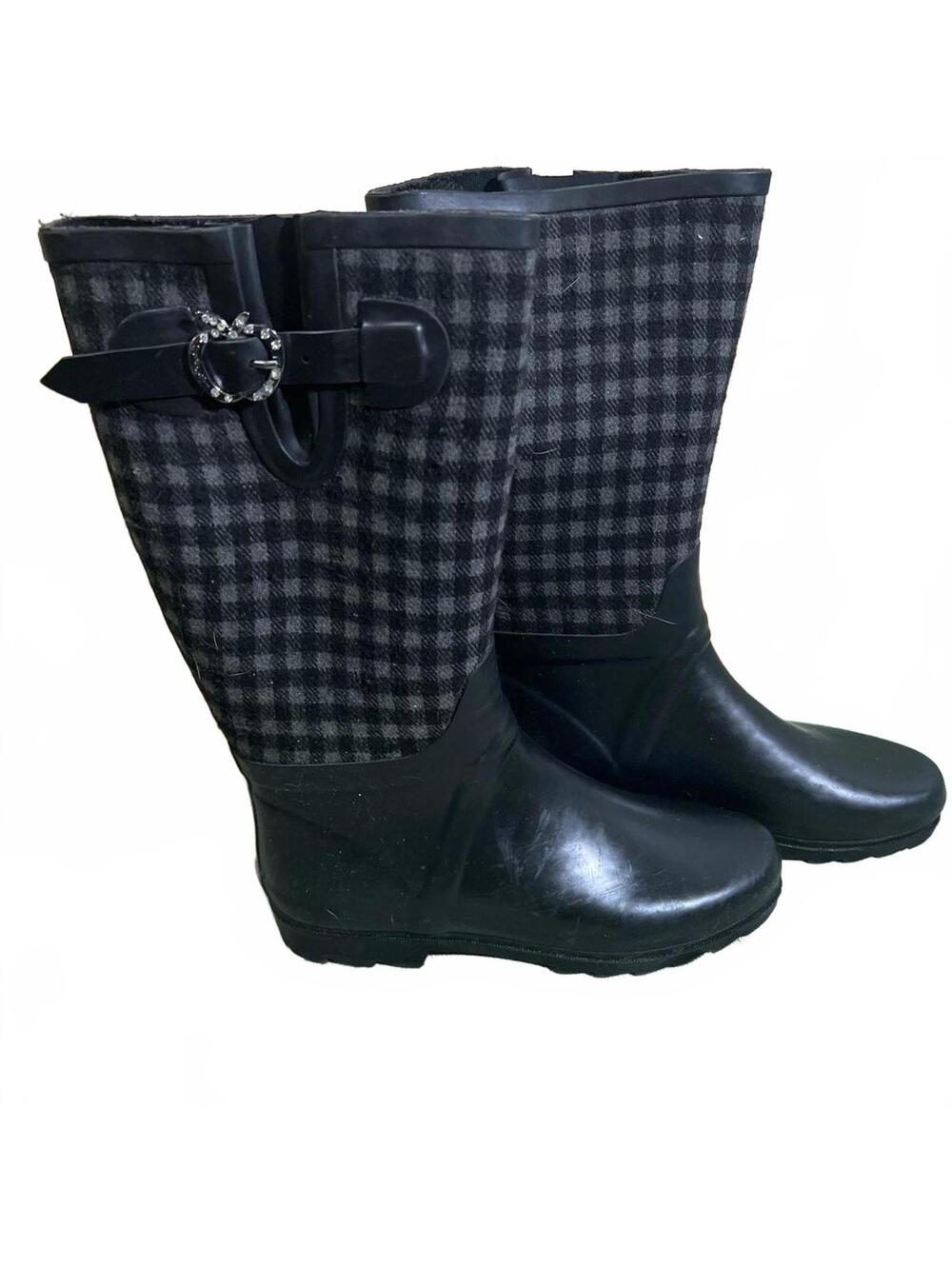Apple Bottoms Womens Black and Gray Plaid Rain Boots Rhinestone Buckle US Size 9